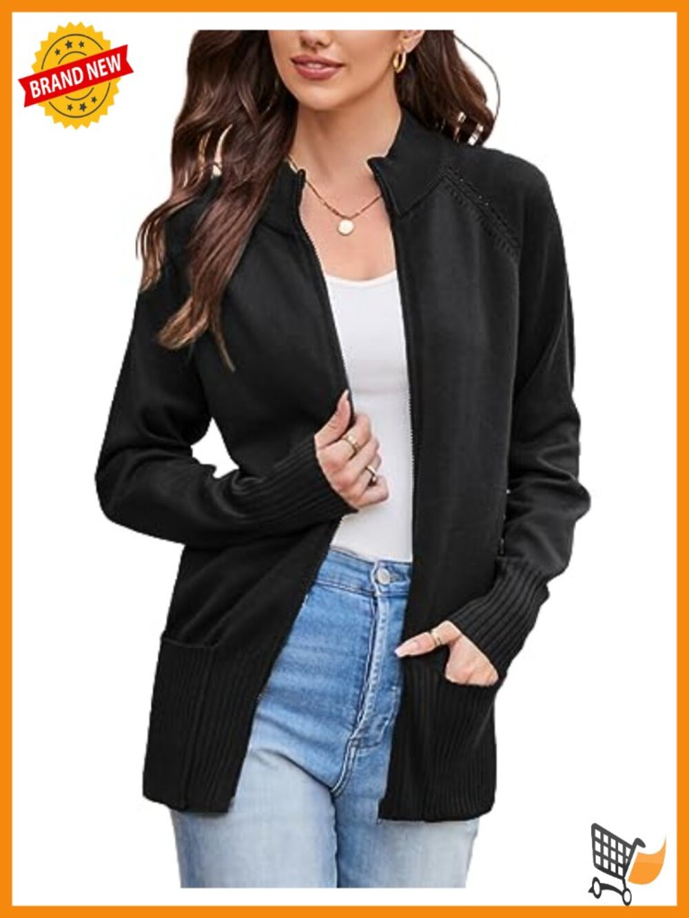 Long Sleeve Zip Up Knit Cardigan with Pockets Stand Collar Sweater Coat